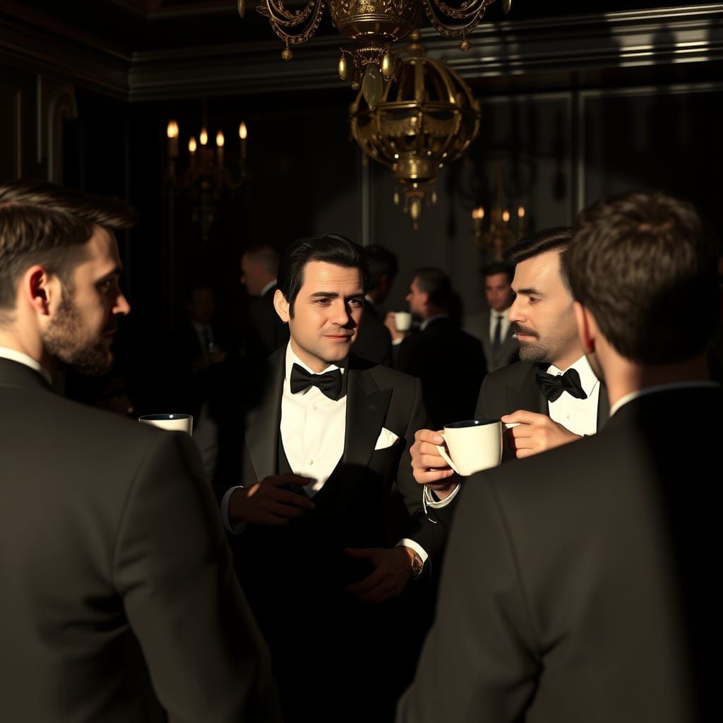 Men in Formal Attire Enjoy a Whimsical Tea Party