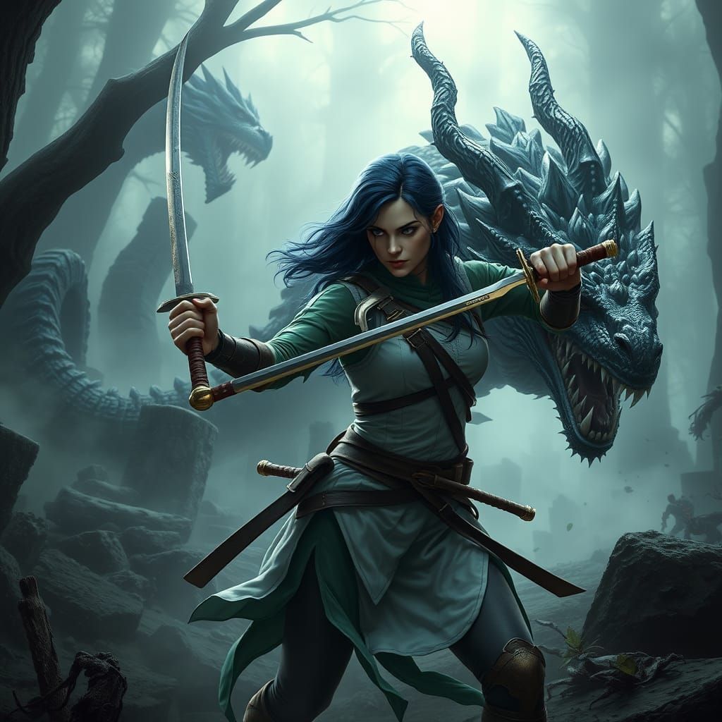 Fierce Female Ranger in Mystical High Fantasy Style