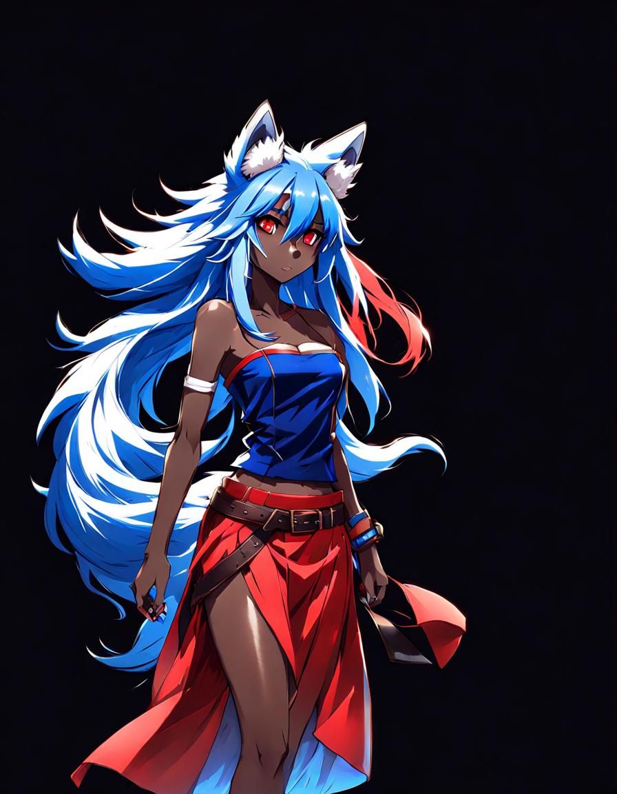 Anime Wolf Girl in Red Outfit with Blue Hair