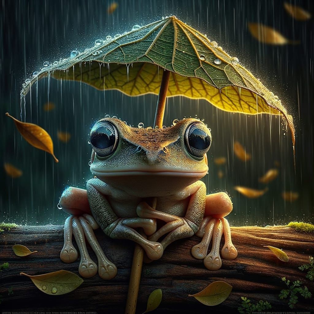 Cute Frog with Leaf Umbrella in Rainy Night