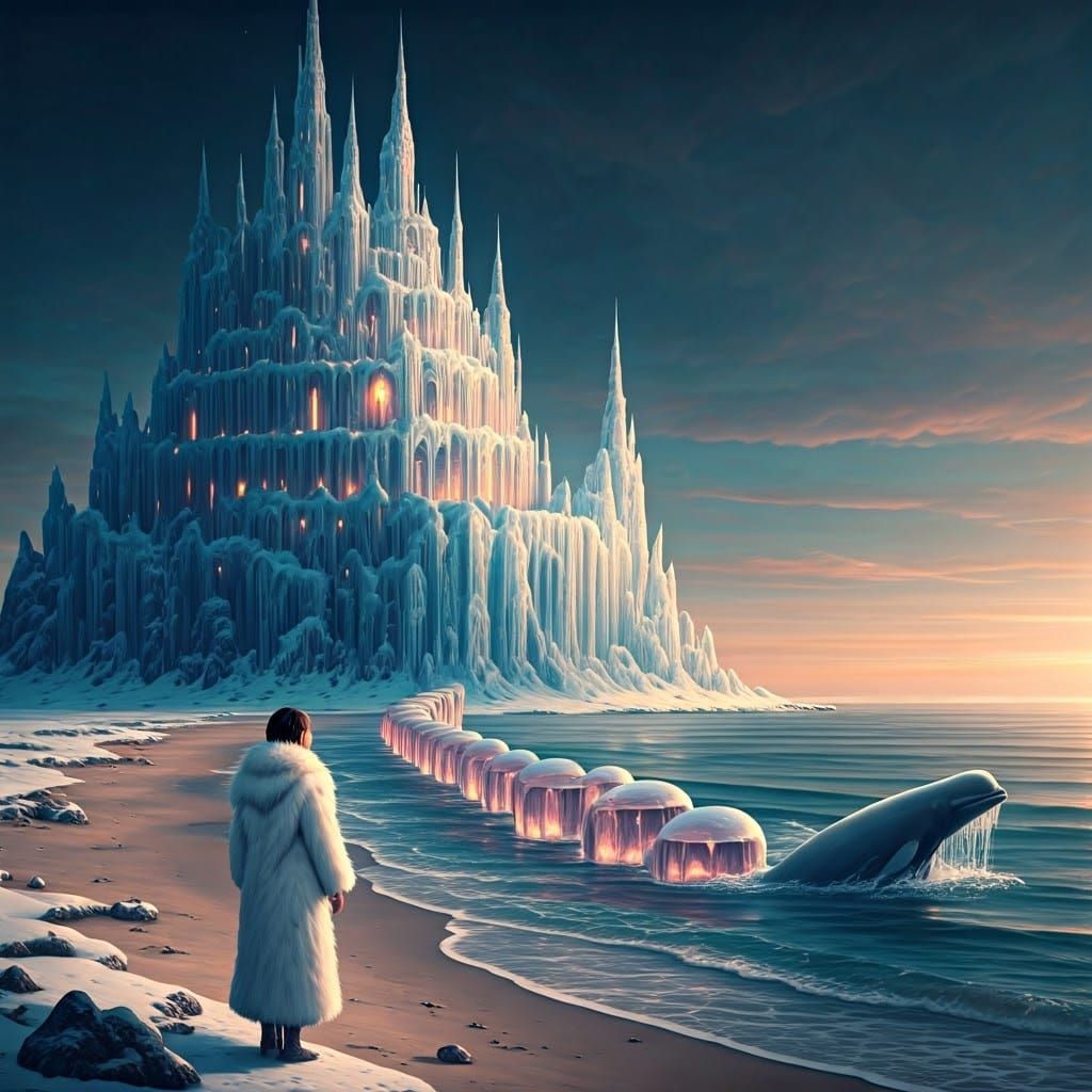 Crystal Ice Castle on Beach with Stone Path