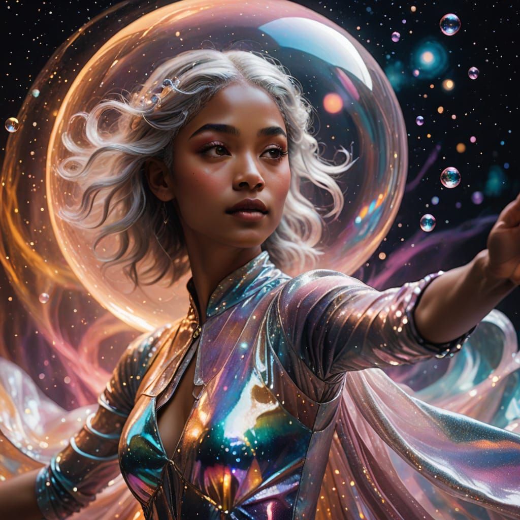 Ethereal Dancer in Iridescent Finery Amidst Celestial Whispe...