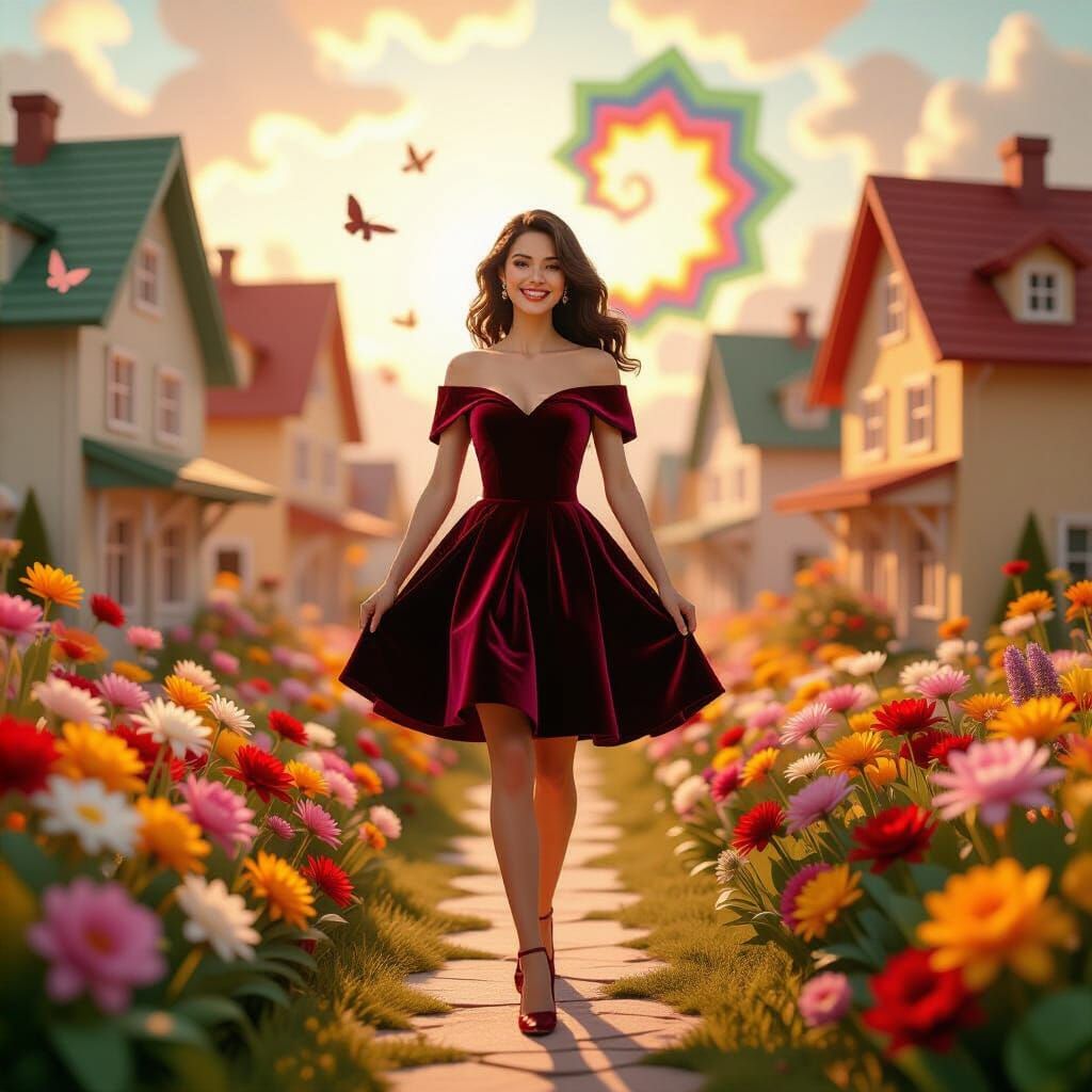Happy Woman in Flower Garden: Surreal Dreamscape