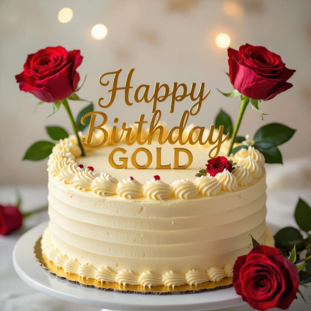Golden Birthday Cake with Roses, High-Contrast Photo