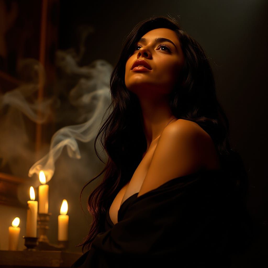 Ethereal Venezuelan Woman in Candlelit Reverie