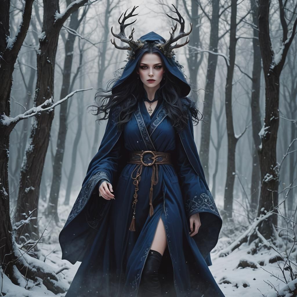 Witch in Winter Forest with Dark Magic