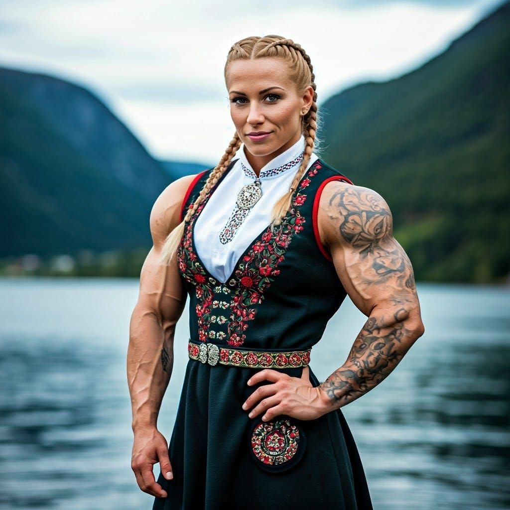 Tattooed Norwegian Warrior in Traditional Folk Dress