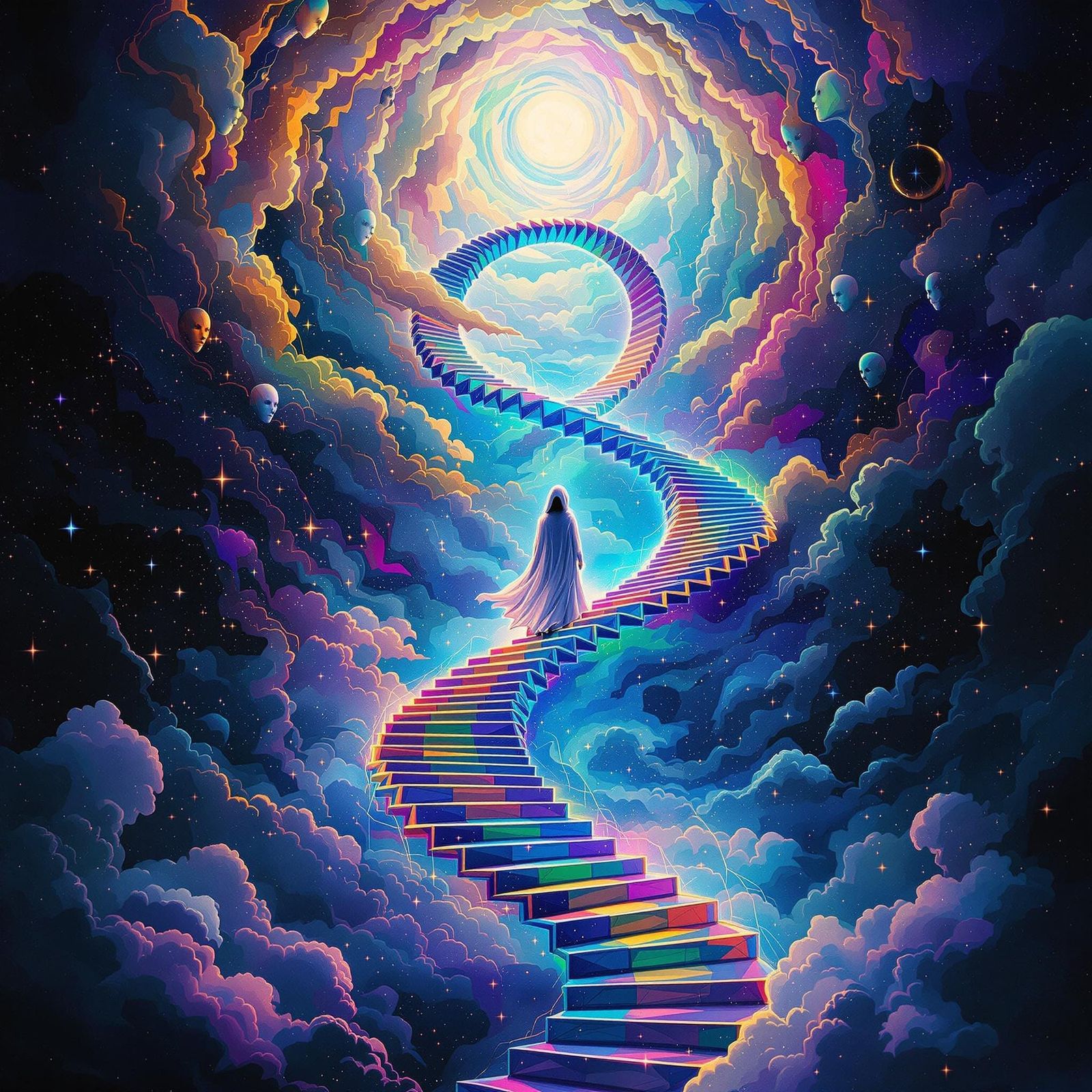 Ghostly Figure on Escher-Inspired Staircase in Abstract Styl...