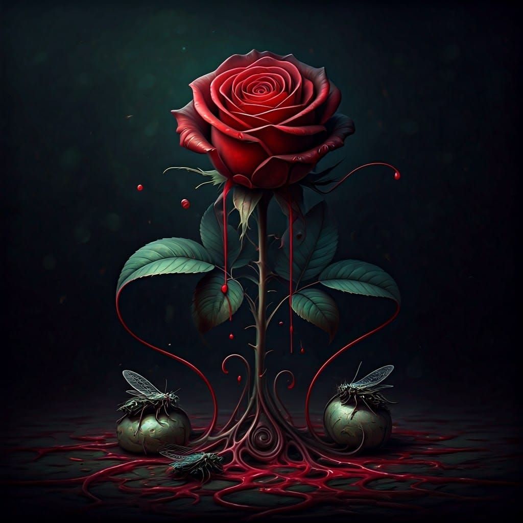 Majestic Blood-Red Rose Unfolds in Dark, Dreamlike Scene