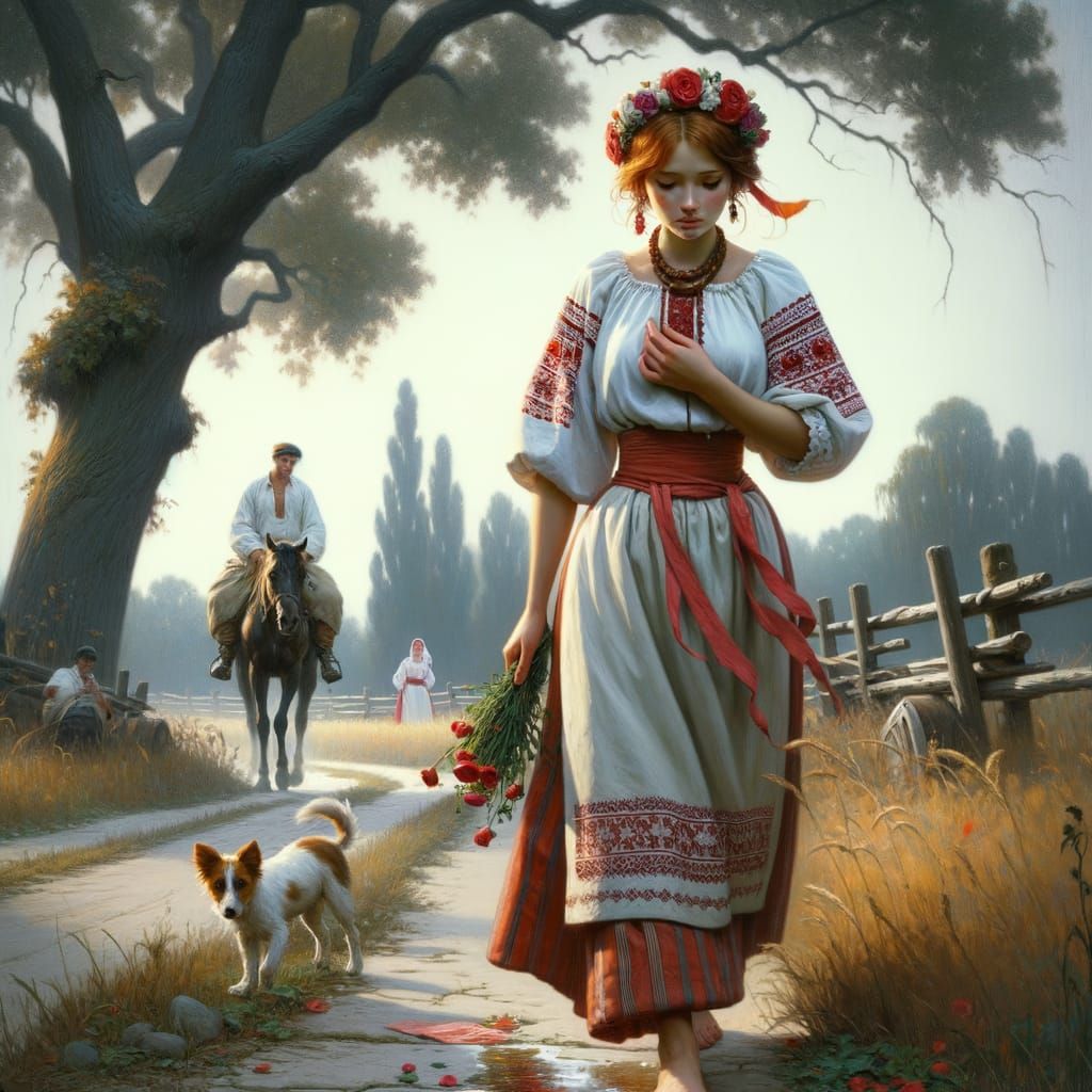 A Heartbroken Ukrainian Woman in Traditional Attire