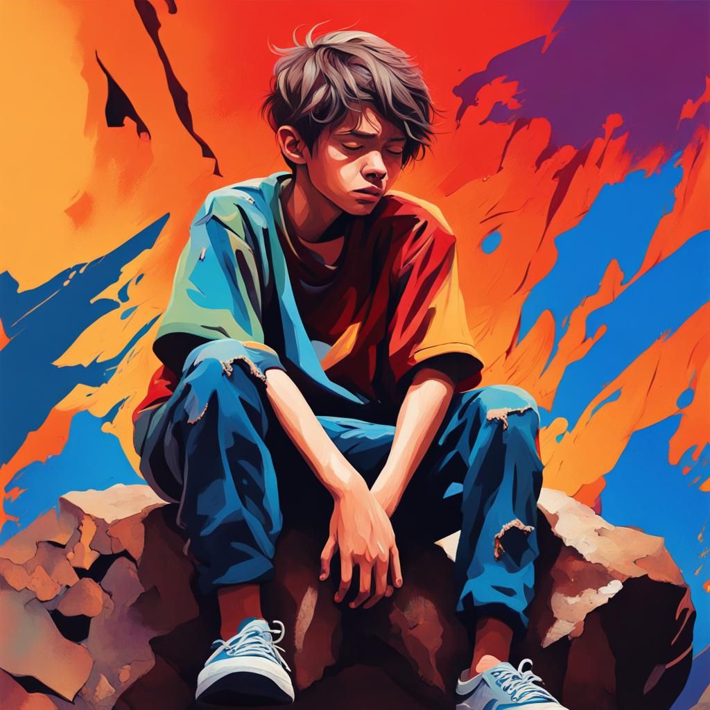 Crying Boy in Abstract Hyperrealistic Splash Art