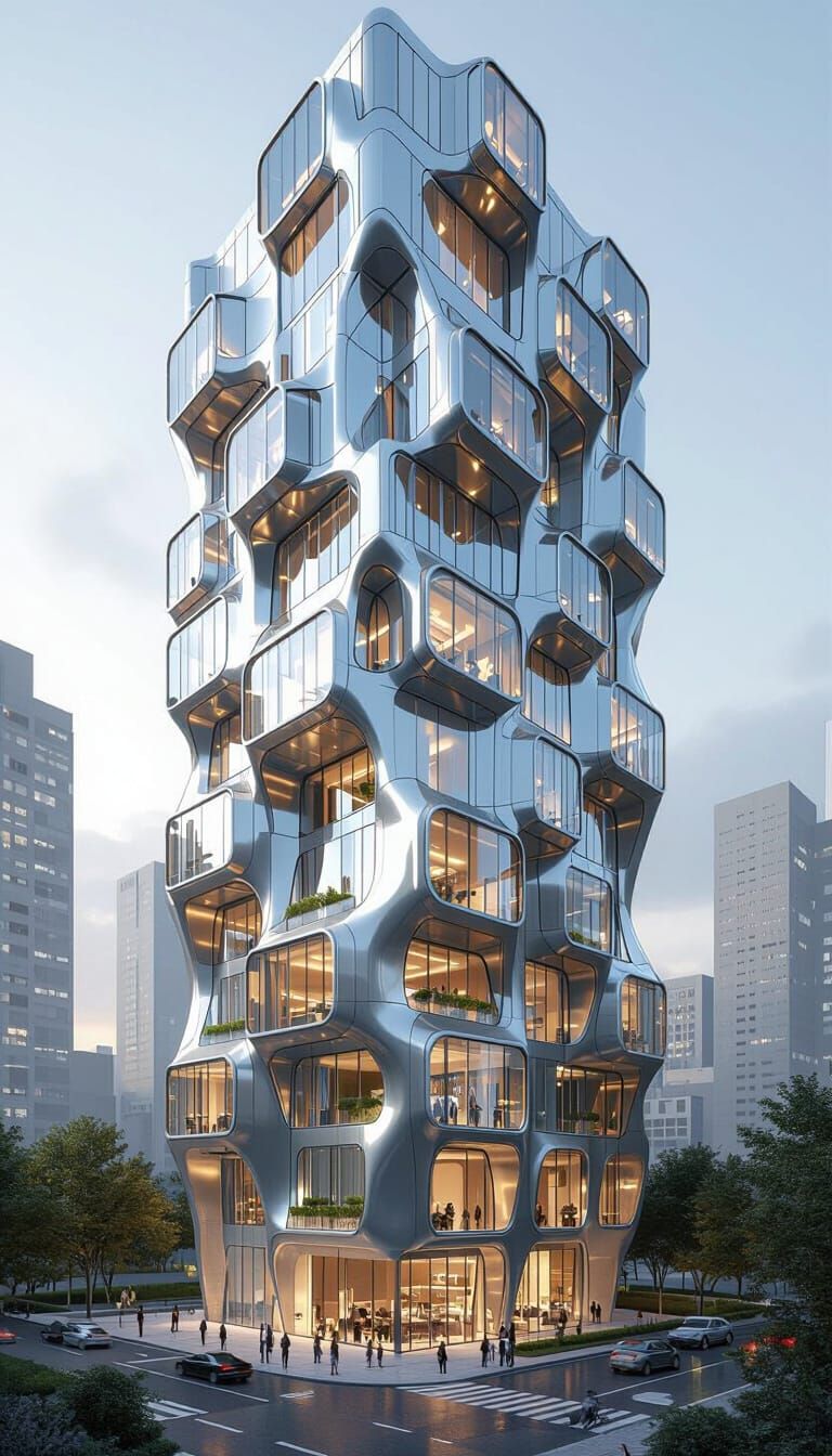 Futuristic Silver High-Rise Building in Zaha Hadid Style