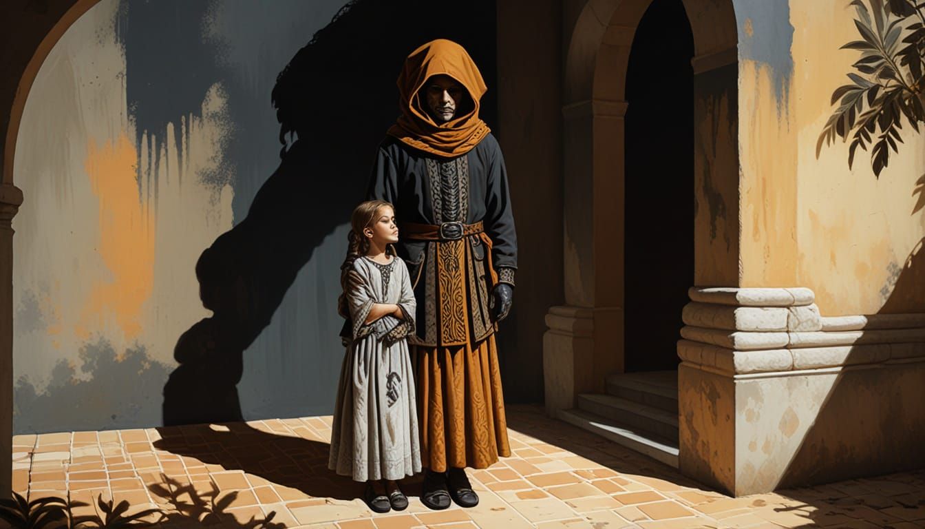 Young Woman Examines Pregnant Belly in Ocher Vignette