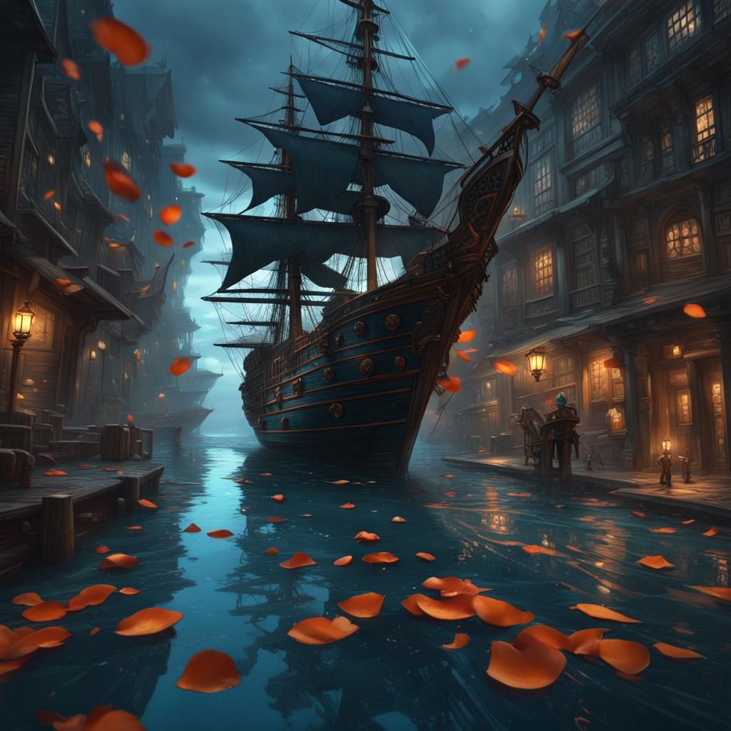 Young Pirate Captains Dark Blue Ship on Rainy Seas