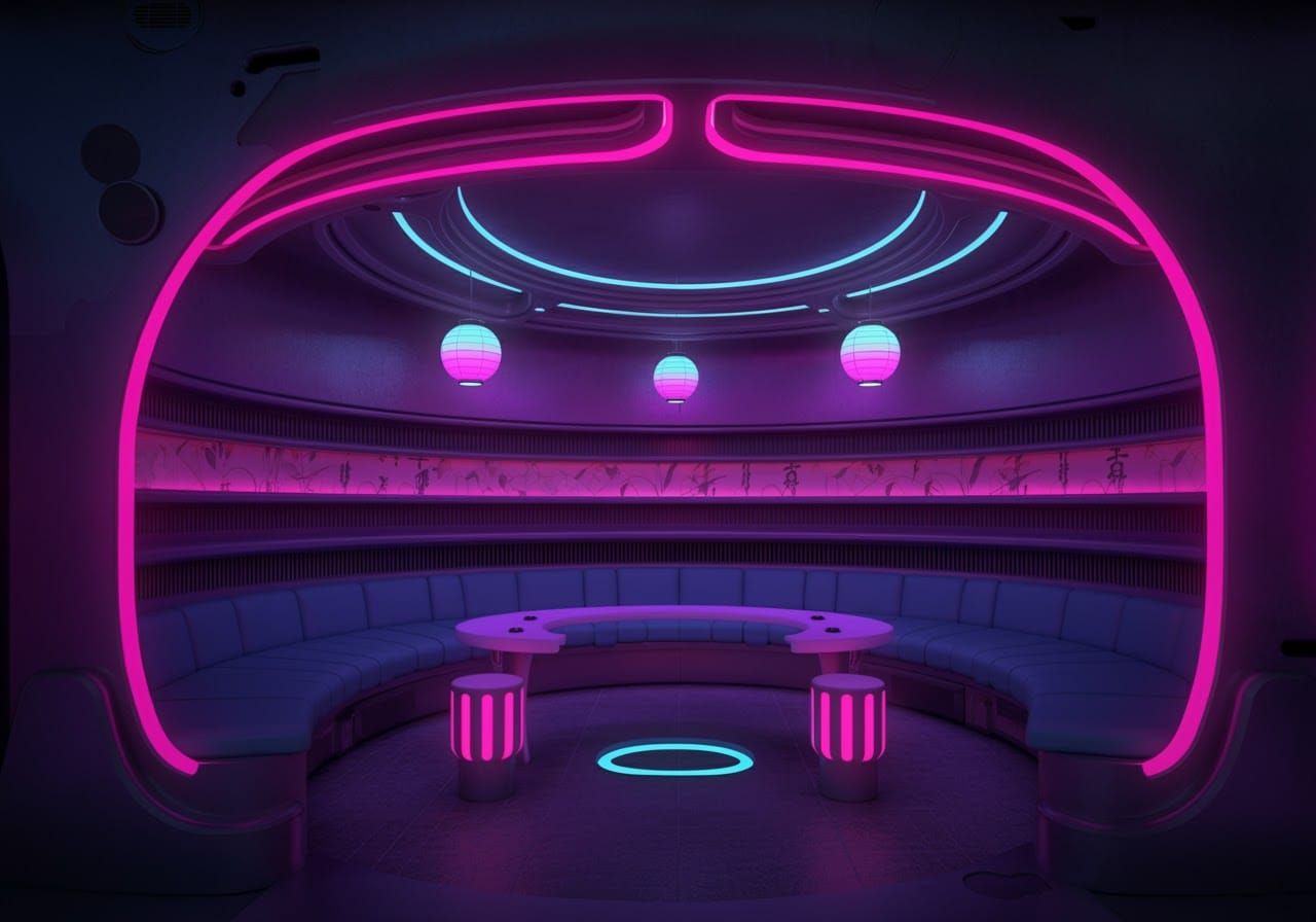 Cyberpunk Interior with Japanese-Inspired Patterns