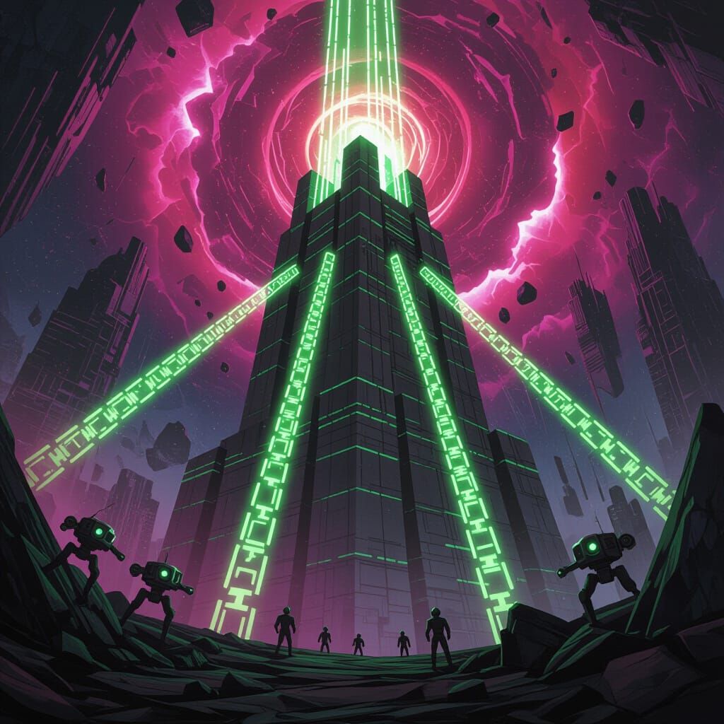 Brutalist Citadel Anchored by Neon Chains in Dimensional Cha...