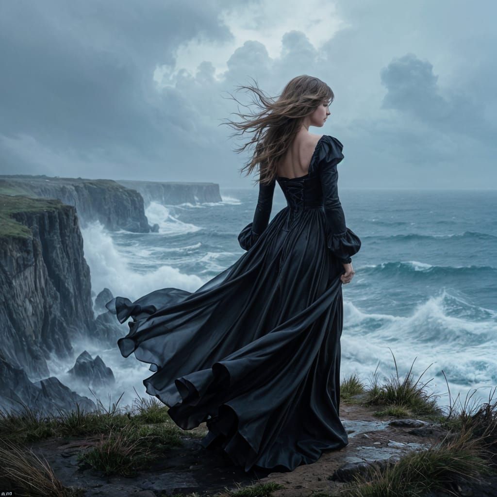 Gothic Beauty on Stormy Cliff Overlooking Sea