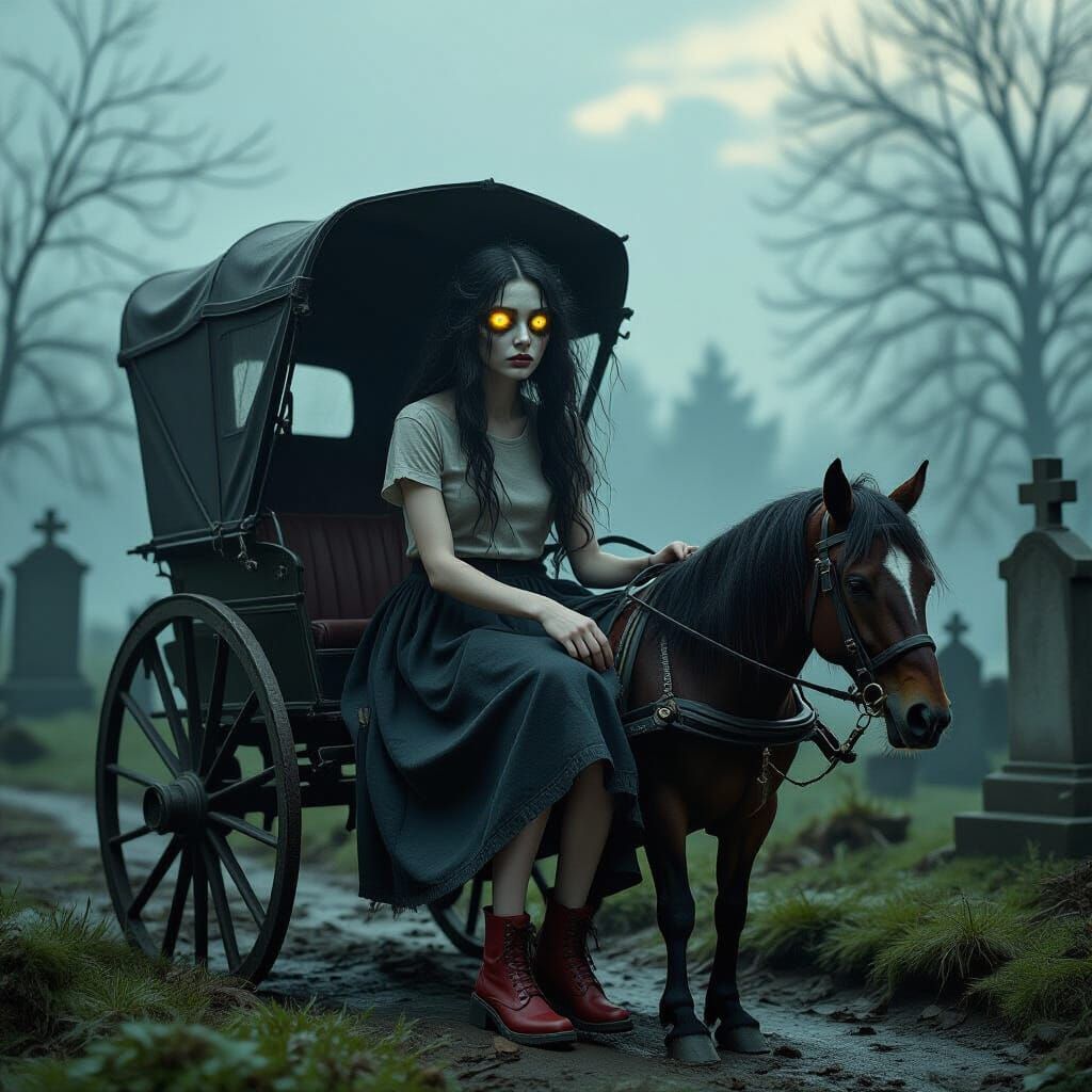 Eerie Woman with Yellow Eyes in Misty Graveyard