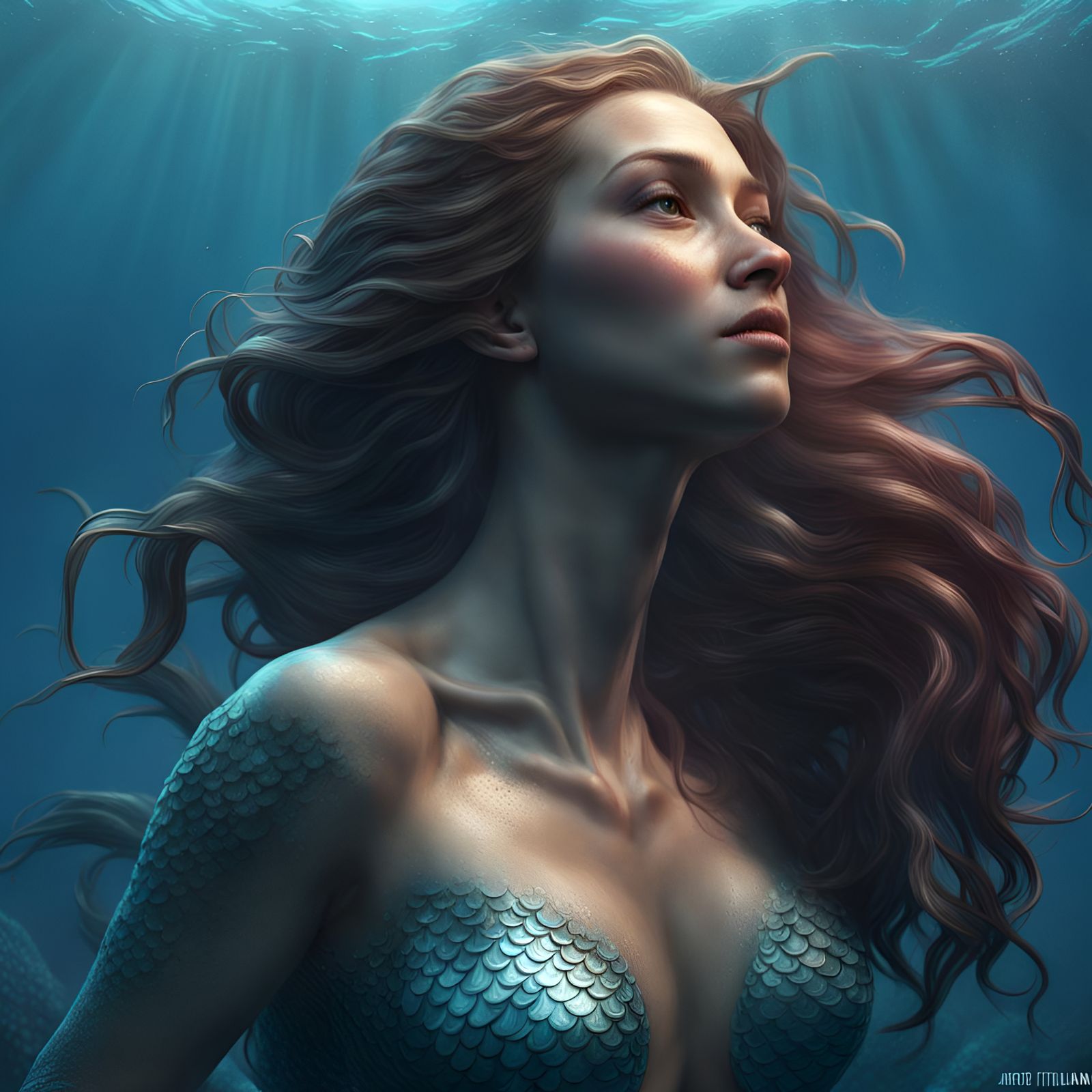 Hyperrealistic 3D Mermaid in Deep Ocean