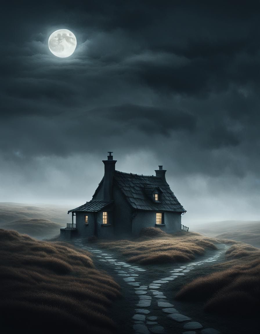 Ominous Cottage on Windswept Moor in Romanticism Style