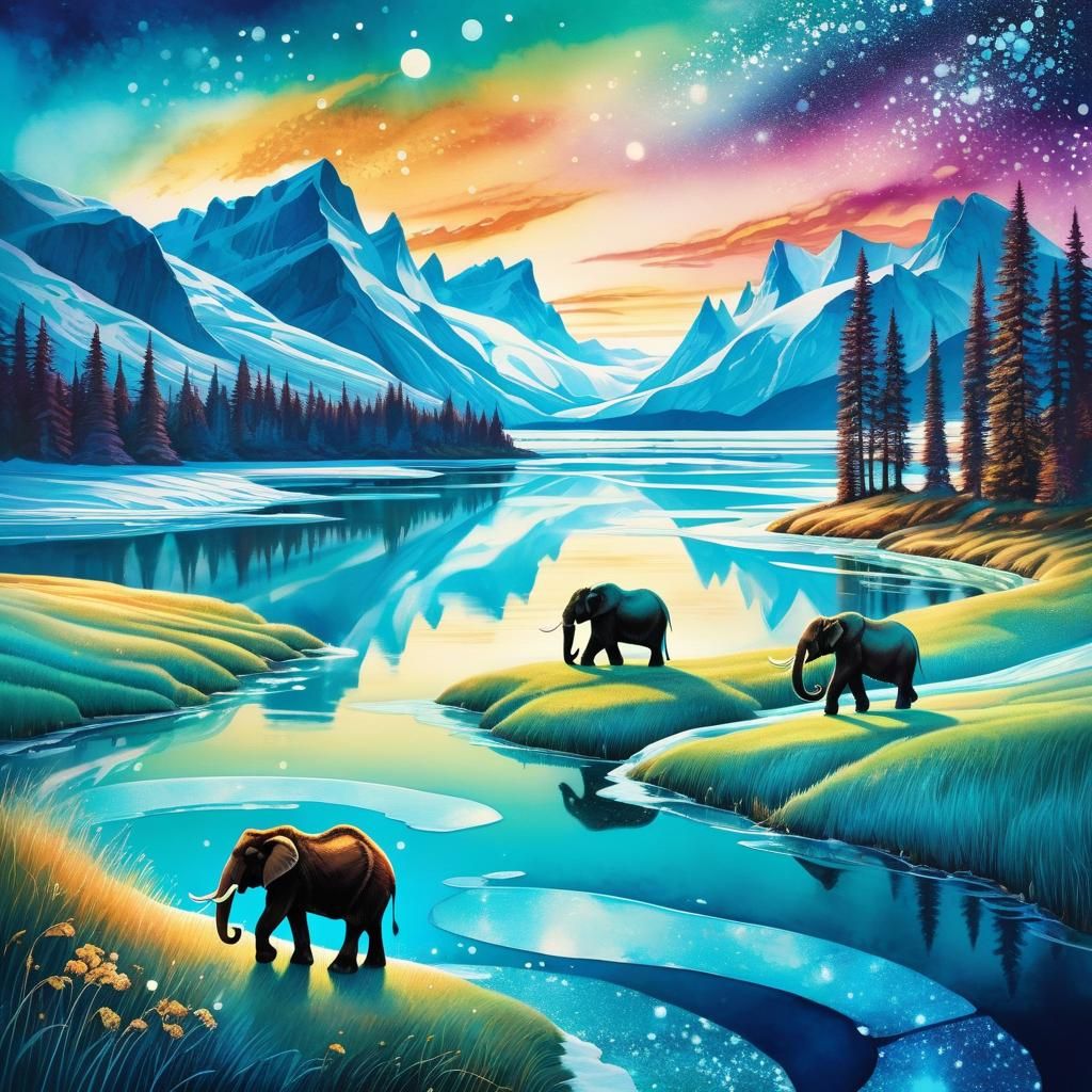Prehistoric Mammoths at Sparkling Glacier Lake