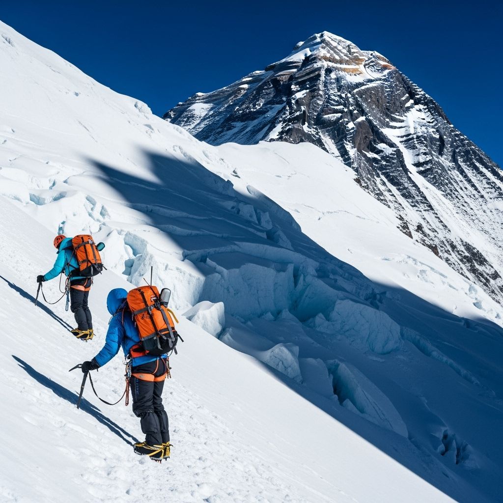 Create a vibrant, high-resolution image of two hikers ascend...