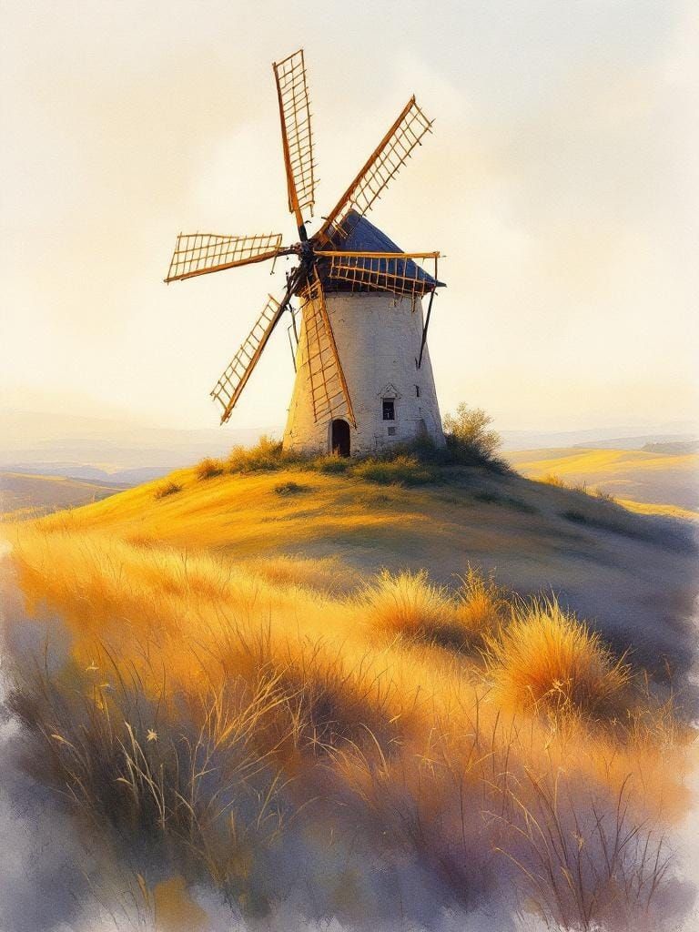 Windmill at Sunset: Impressionist Watercolour Painting