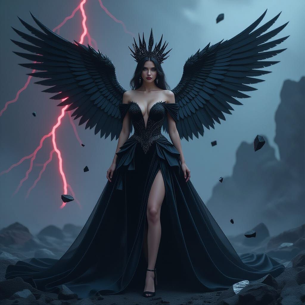 Obsidian Shard Gown and Crystal Crown in Dark Mystical Style