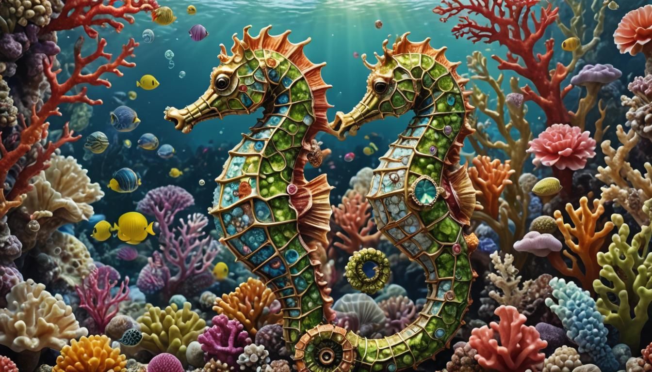 Jeweled Seahorse Swimming in Coral Reef