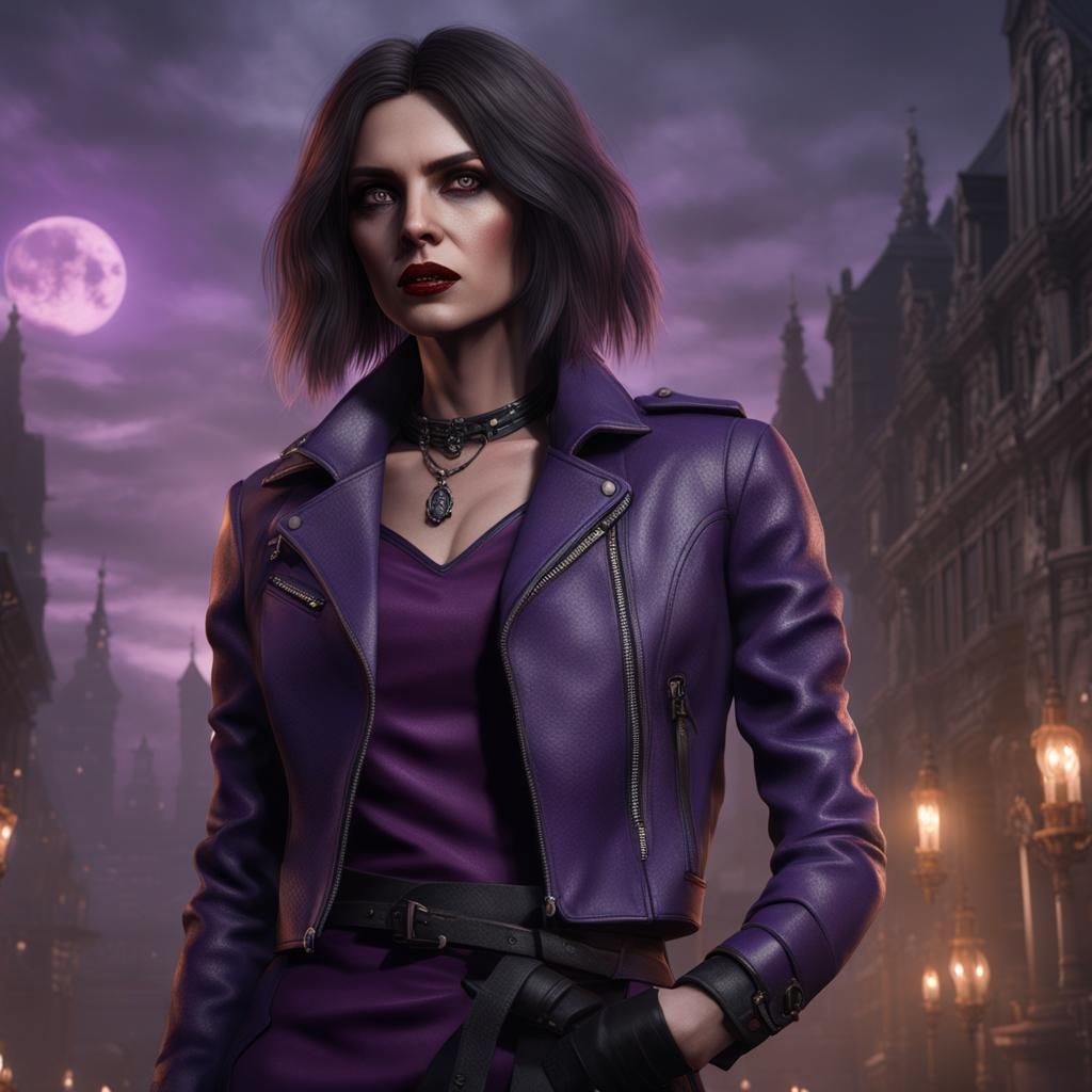 Brunette Vampire in Purple Dress: Detailed Fantasy Art