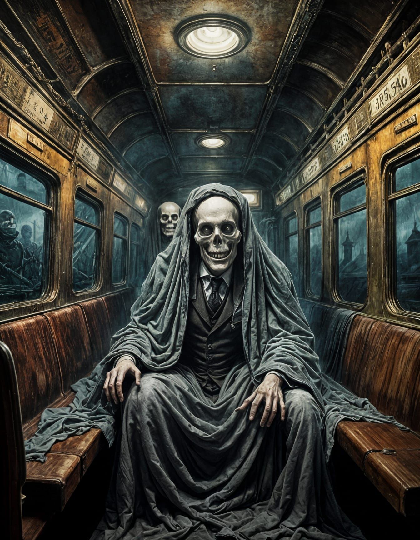Haunting Ghost Train Conductor in Surreal Painting