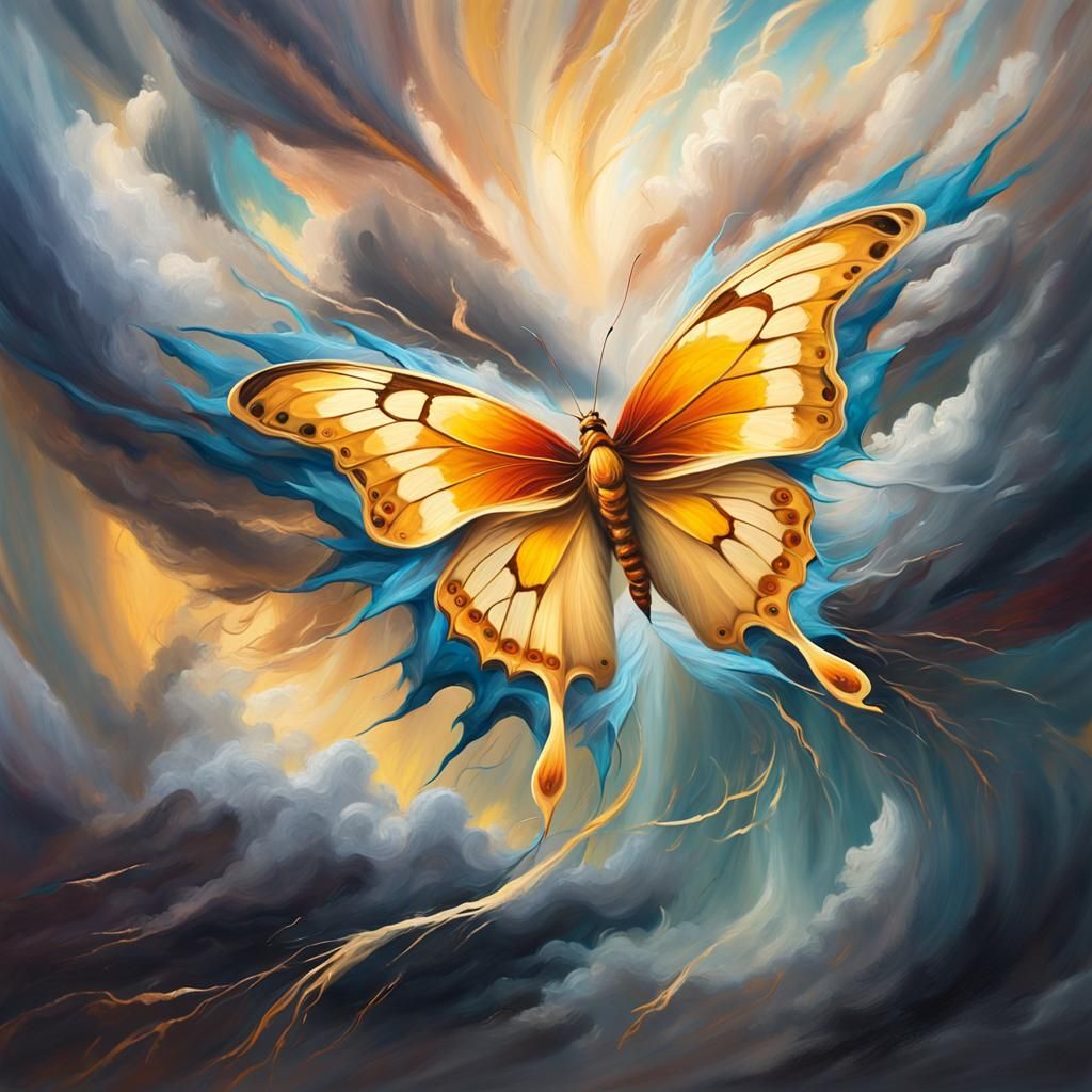 Surreal Oil Painting of Butterfly in Stormy Weather