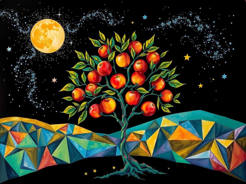 Apple Tree Under Starry Night Sky in Surreal Style