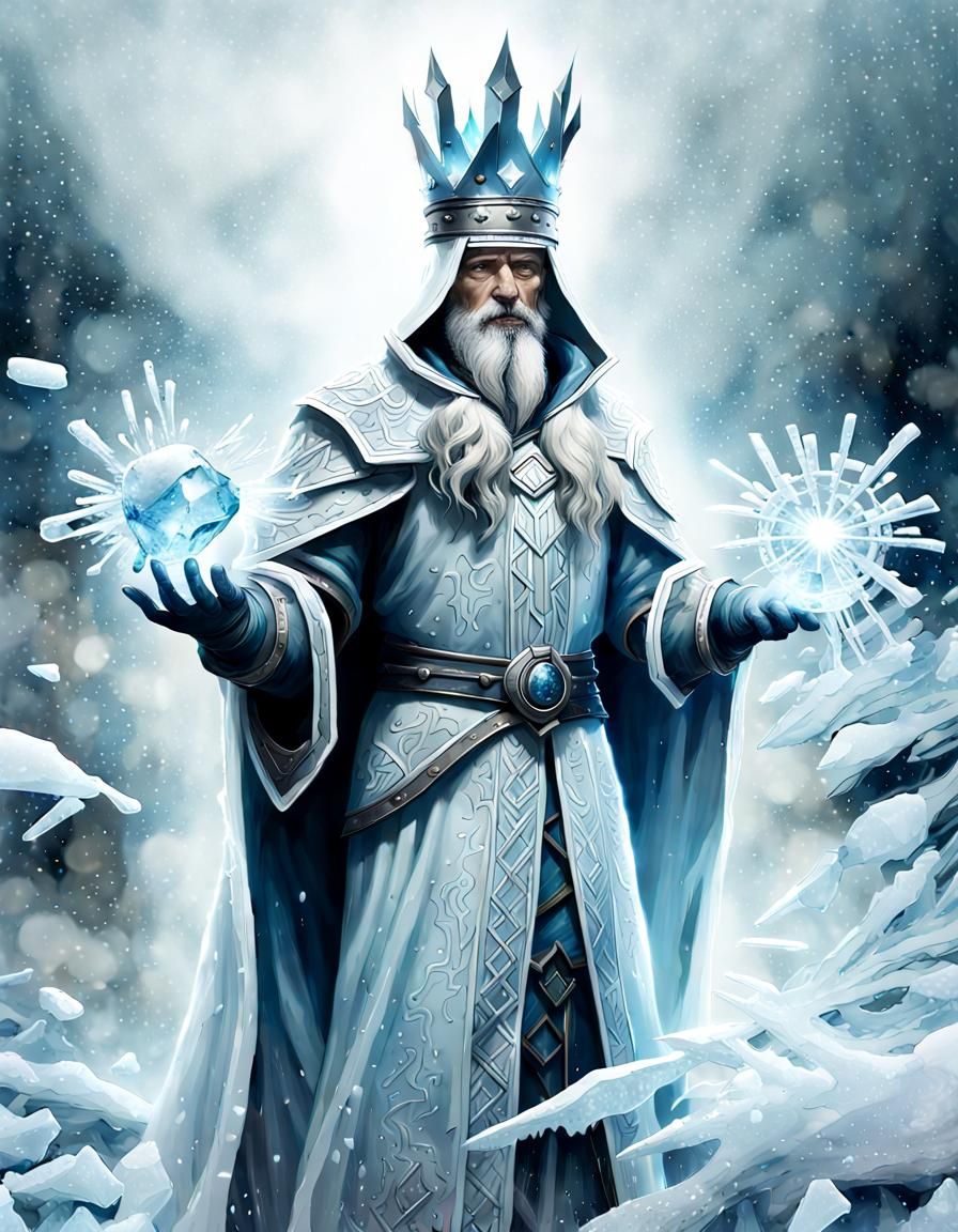 Ice Wizard Conjuring Blizzard in Watercolor Double Exposure