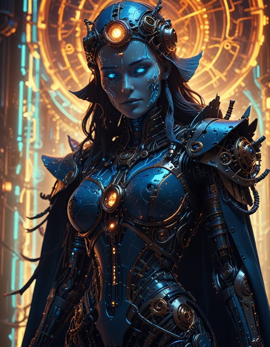 Robot Witch Casting Spell in Neon Steampunk Style