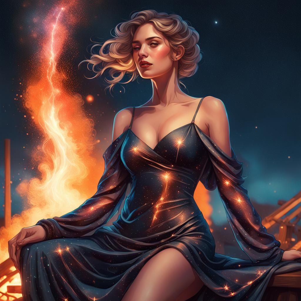 Sensual Woman by Fire Under Starry Night