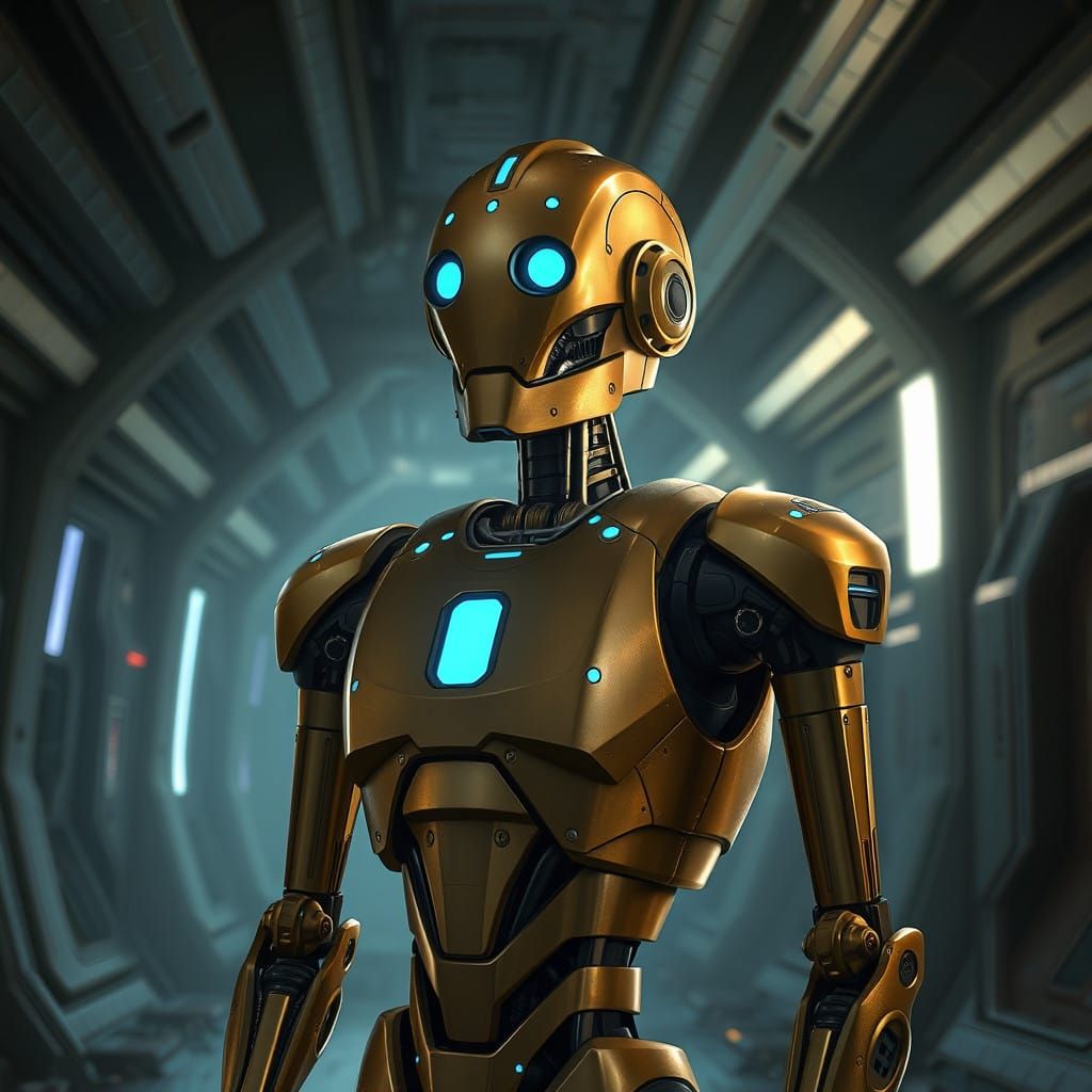 Futuristic Protocol Droid in Abandoned Galactic Republic Fac...