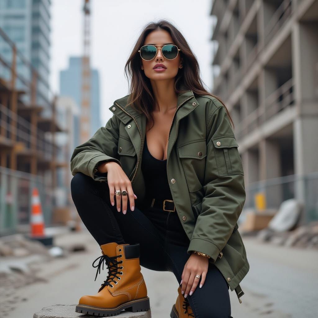 Fashion Model Poses at Construction Site in Hyperrealistic P...