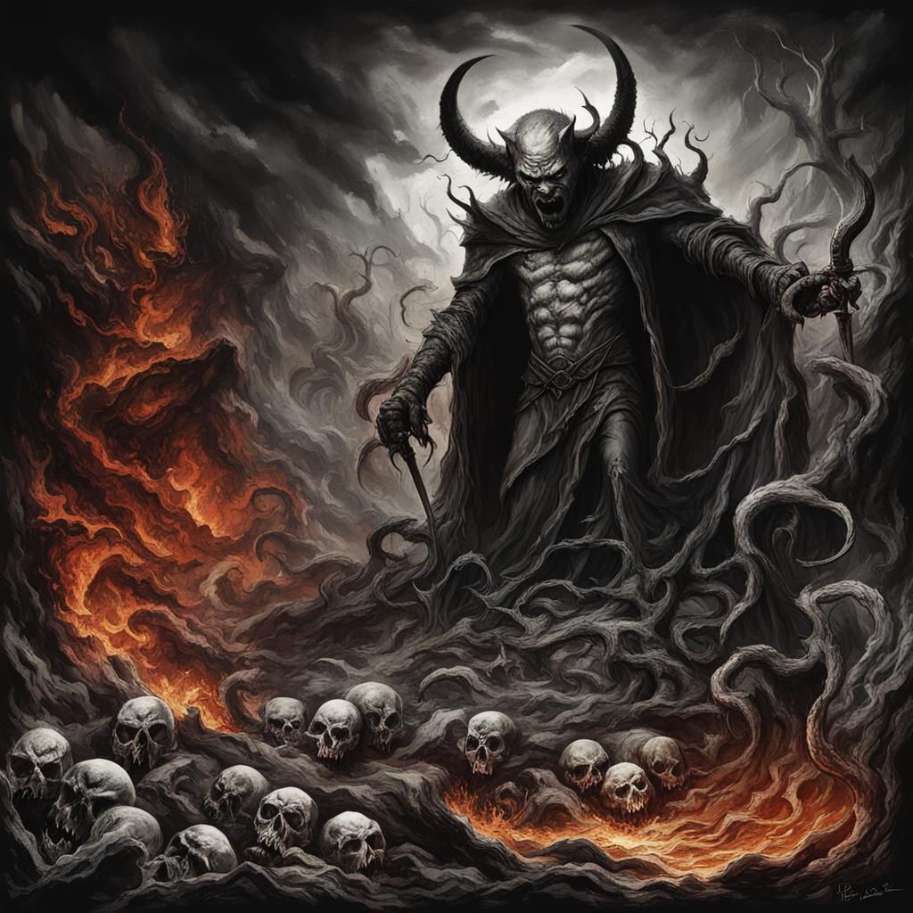 Demonic Figure in Hellish Black and White Landscape