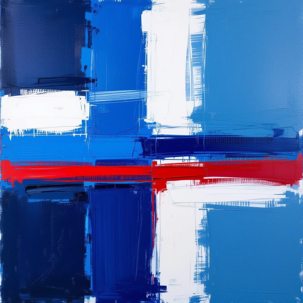 Abstract Painting with Blue Lines and Red Accent
