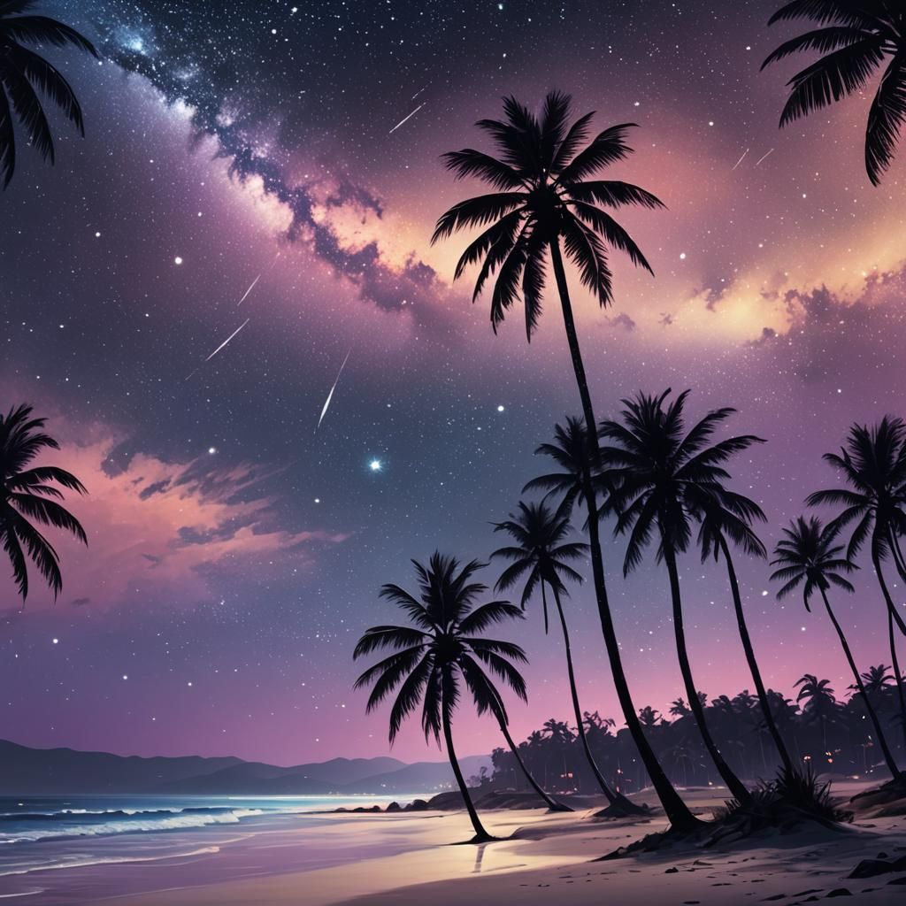 Palm Trees Silhouetted Against Starry Night Sky