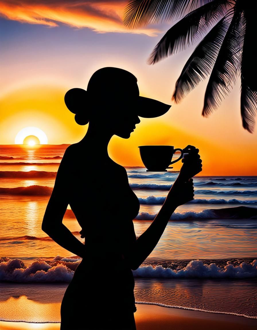 Silhouette Art: Woman on Beach with Coffee