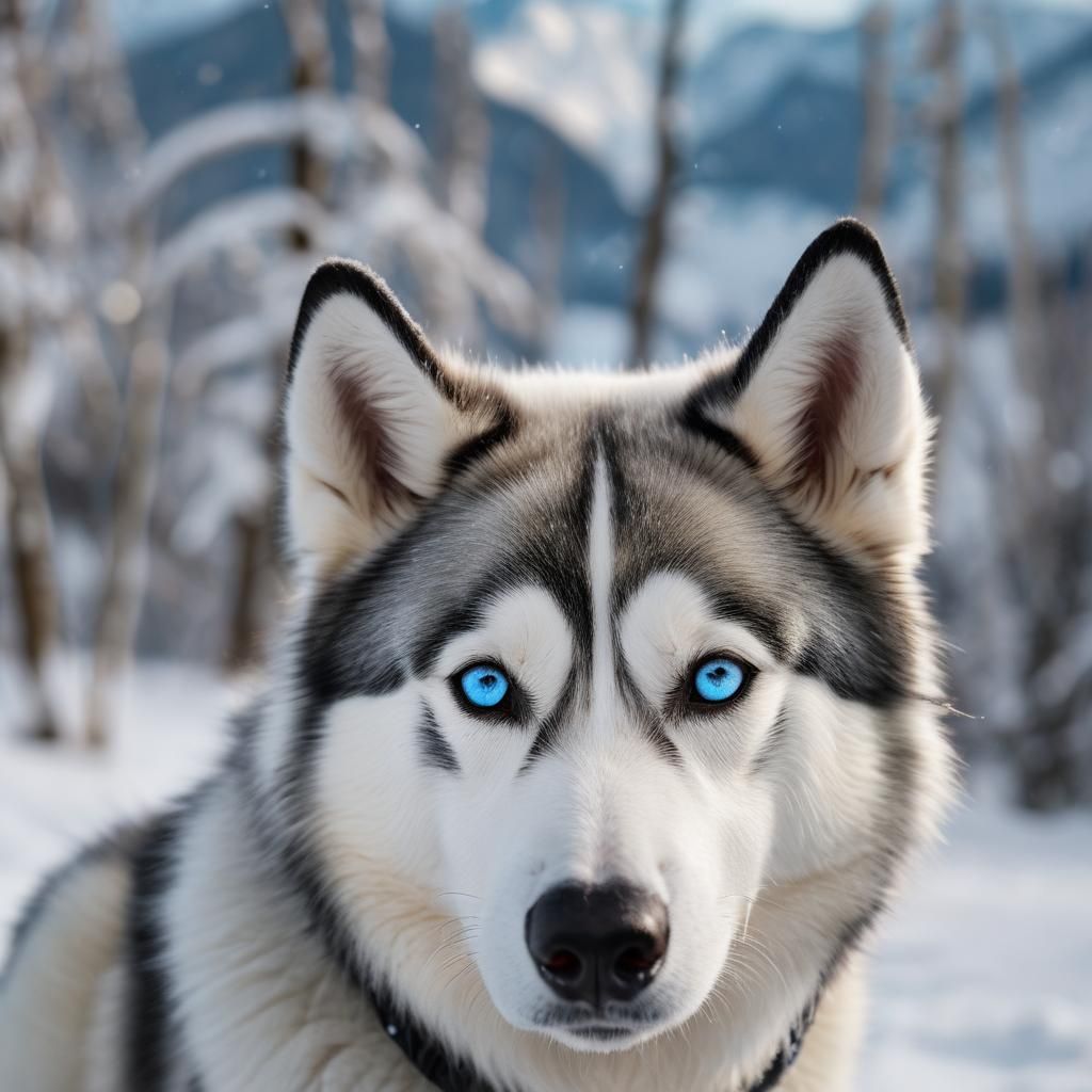 Husky Portrait in Snowy Mountain Landscape
