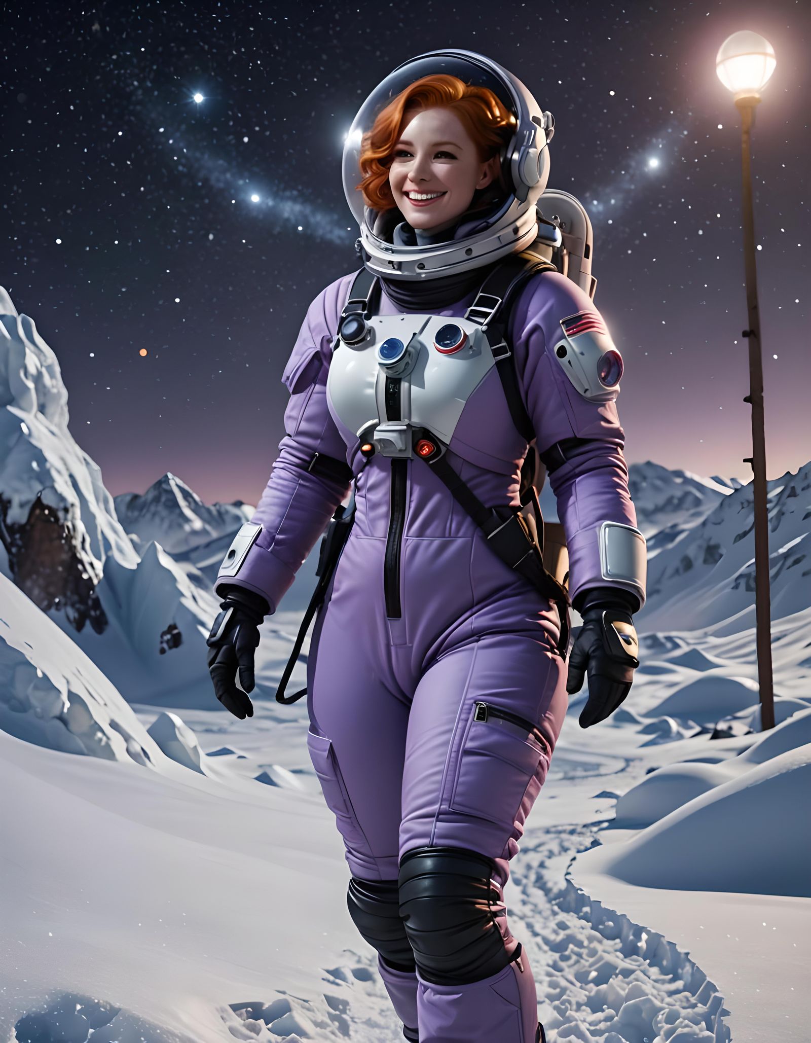 Redhead Astronaut Smiles on a Wintry Planet