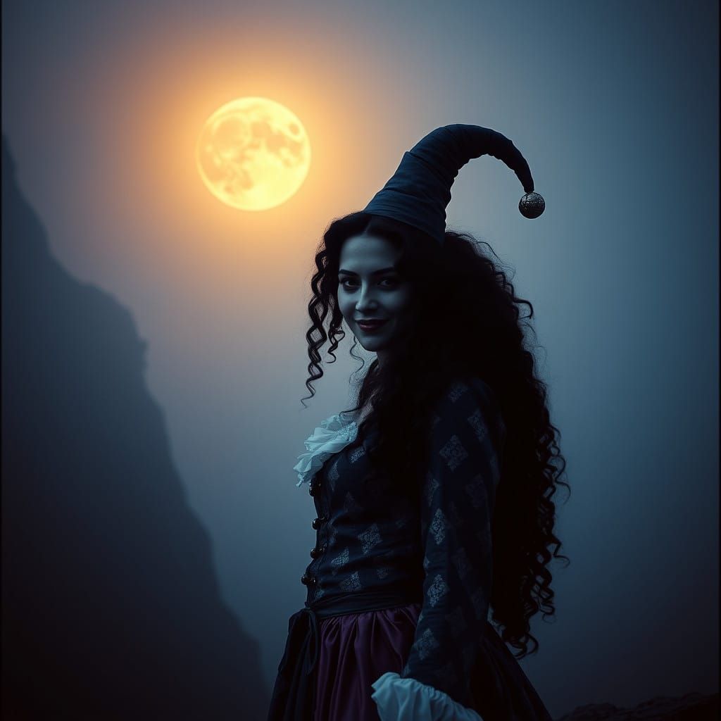 Mysterious Jester Woman Under Full Moon