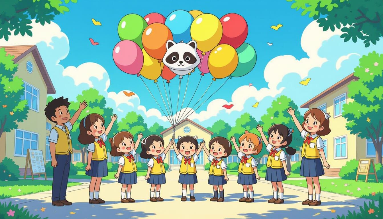 Kindergarten Class Releases Raccoon Balloons: Anime Style