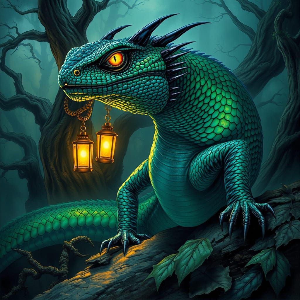 Majestic Basilisk in Emerald and Sapphire Scales, Ancient Fo...