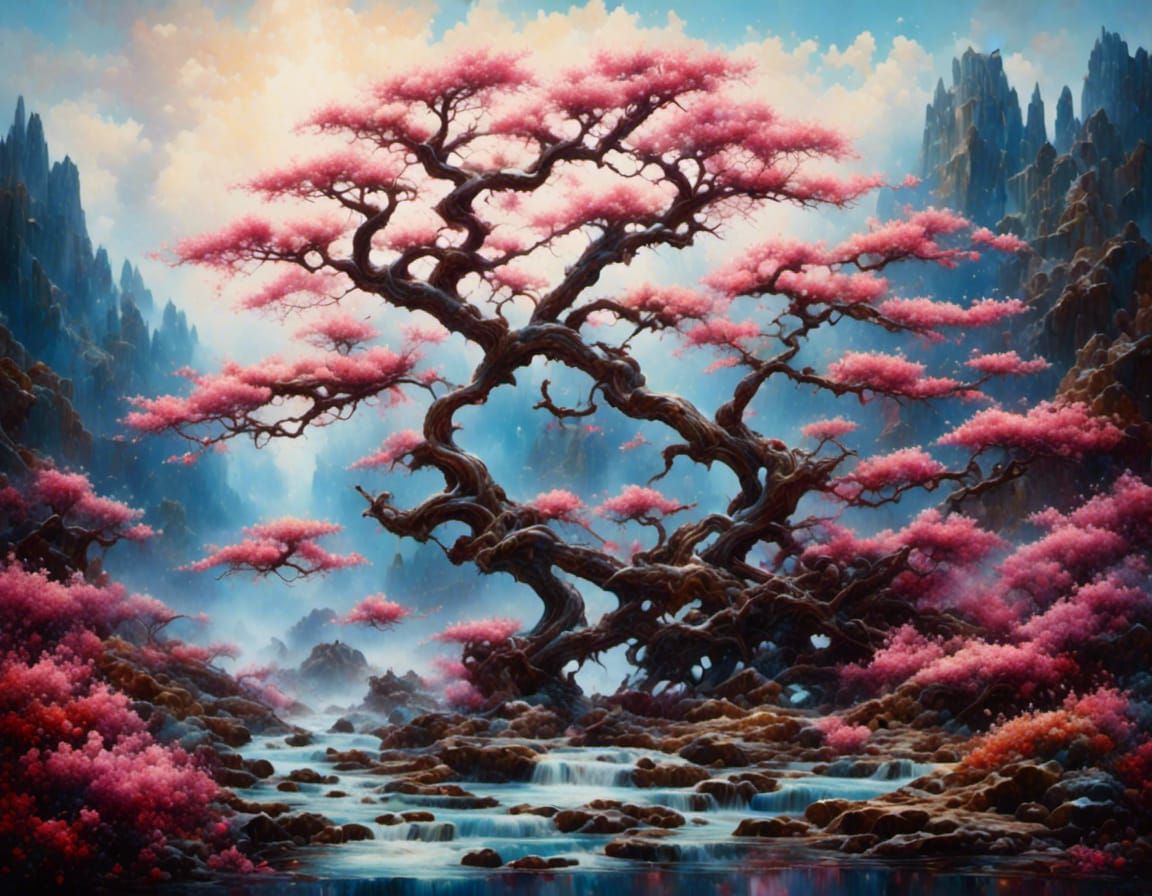 Indigo Bunting on Cherry Tree, Gouache Impressionism