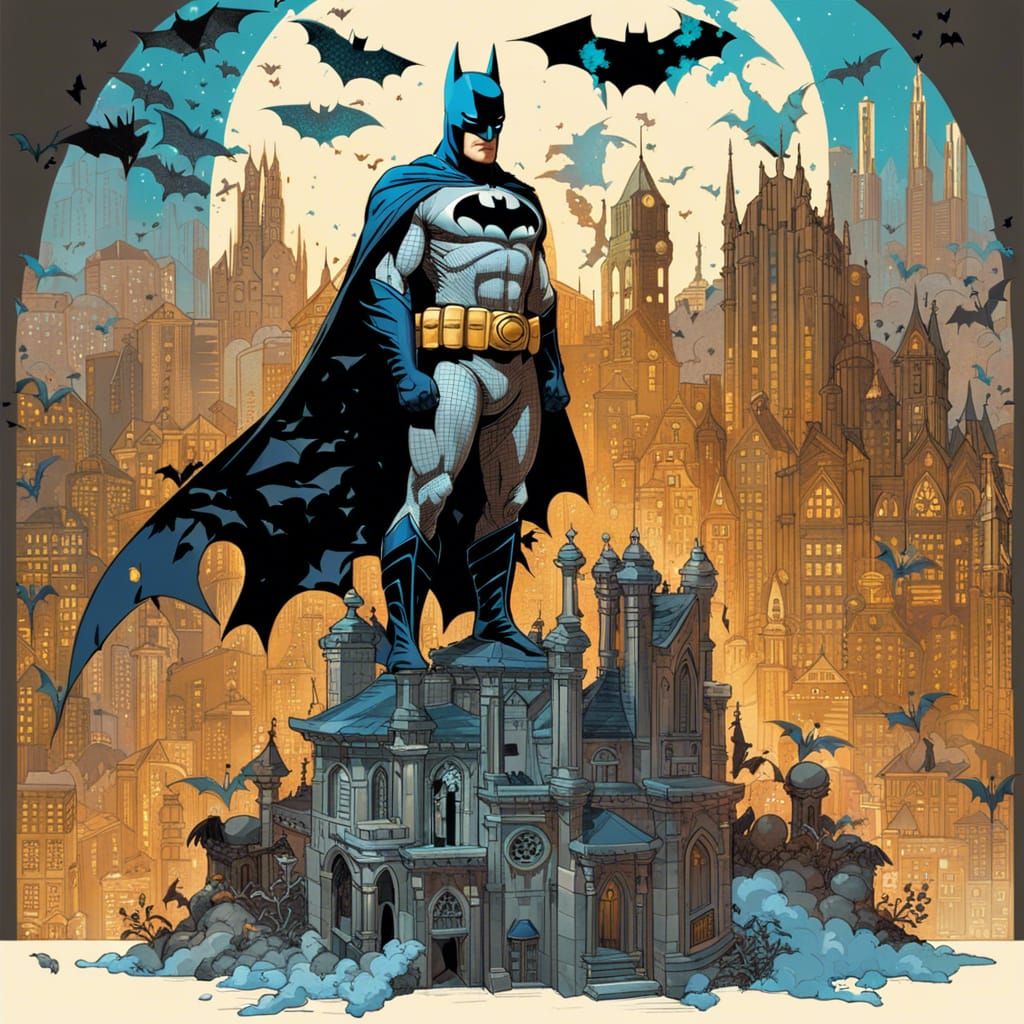 Batman Double Exposure Portrait with Medieval Skyscrapers