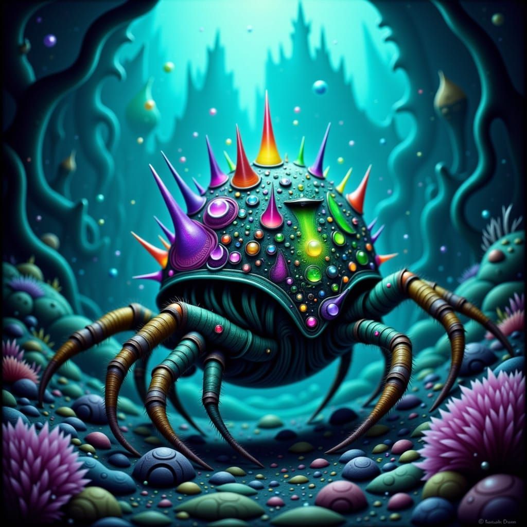 Bioluminescent Crab Exploring Sunken City Ruins